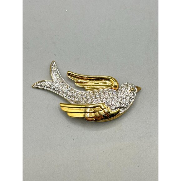 Vintage Nolan Miller Rhinestone Bird Brooch Dove Of Peace Clear Crystals Over Go - Picture 2 of 9